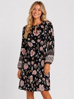 Old Navy Floral Long Sleeve A Line Dress Keyhole Neck Black Pink Ivory Size M